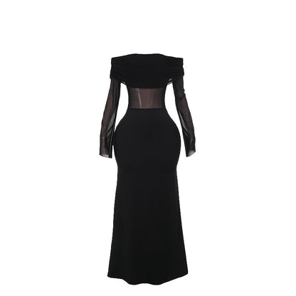Fall Maxi Dress Elegant Sexy Slim off Shoulder Mesh Dress Women
