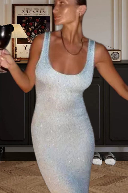U Neck Sleeveless Sequin Bodycon Maxi Dress