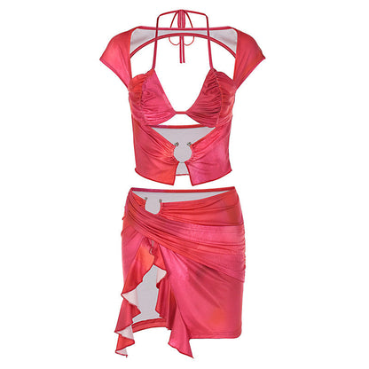 Women Clothing Summer Autumn Wrapped Chest Short Sleeve Lace up Irregular Asymmetric Skirt Set Two Piece Set