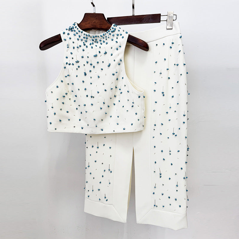 Heavy Industry Beads Vest Top Split Skirt Two Piece Sets