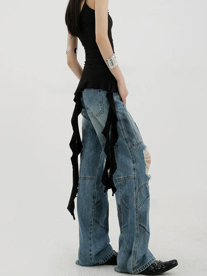 Vintage Distressed And Dirt-Dyed Patchwork Wide-Leg Jeans