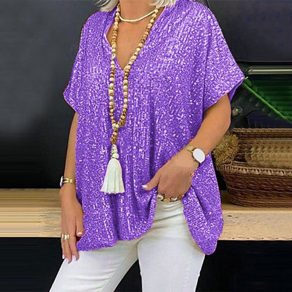 Short Sleeve Urban Casual Color Loose Pullover Sequined V neck T shirt Top Women Clothing