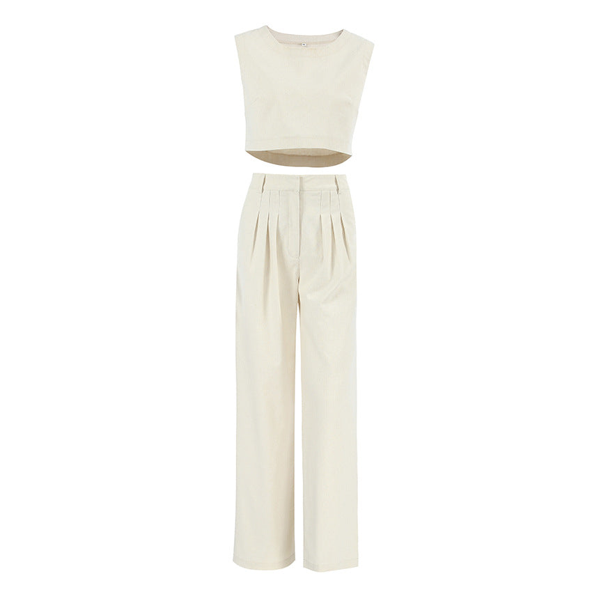 Street Casual Set Khaki Cotton Linen Sleeveless Top Trousers Two Piece Set Summer Women