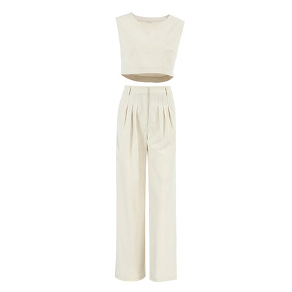 Street Casual Set Khaki Cotton Linen Sleeveless Top Trousers Two Piece Set Summer Women