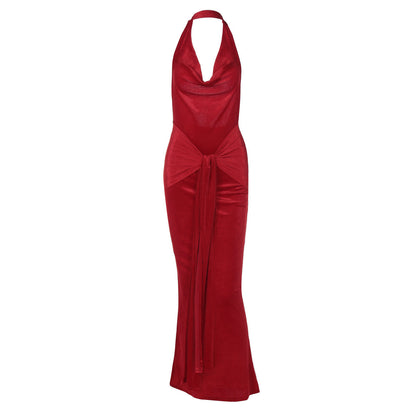Women Clothing Summer Solid Color V neck Backless Slim Fit Halter Dress Women