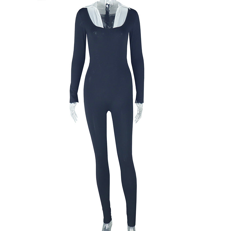 Elegant Women Clothing Sexy Tight Slimming Long Jumpsuit Long Sleeve Zipper White U Shaped Collar Jumpsuit