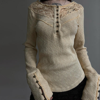 Autumn Winter Women Clothing Internet Lace Stitching Split Breasted round Neck Slim Fit Base Long Sleeve T shirt for Women
