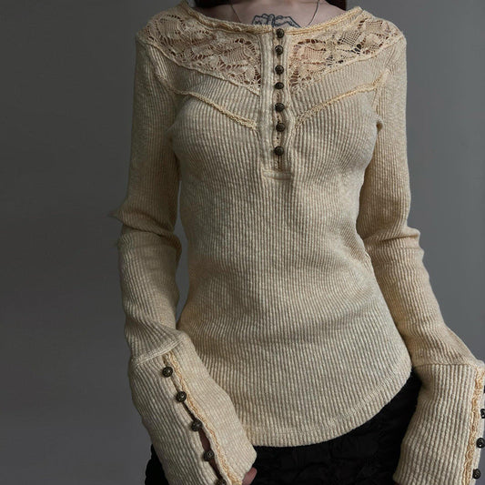 Autumn Winter Women Clothing Internet Lace Stitching Split Breasted round Neck Slim Fit Base Long Sleeve T shirt for Women