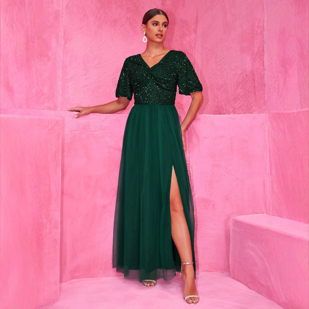 Dress Elegant A line Sequined Dress Short Sleeve Stitching Double V neck A line Tulle Evening Dress