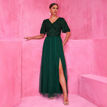 Dress Elegant A line Sequined Dress Short Sleeve Stitching Double V neck A line Tulle Evening Dress