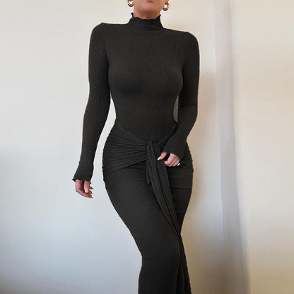Autumn Commuting Elegant Slim Fit Micro Transparent Honeydew Pattern Knitted Dress