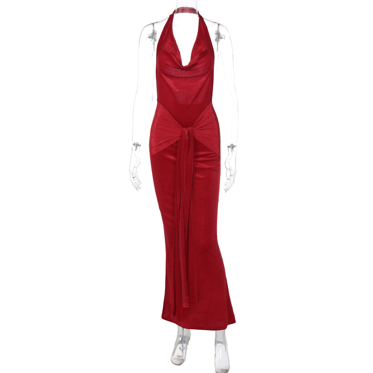 Women Clothing Summer Solid Color V neck Backless Slim Fit Halter Dress Women