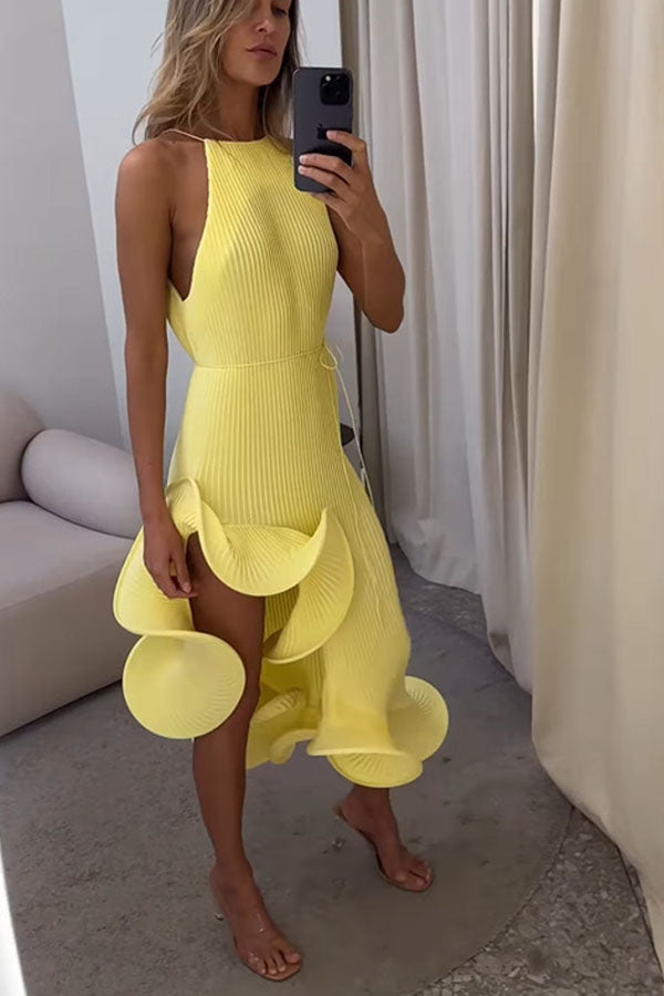 Solid Color Sleeveless Waist Tie Irregular Ruffle Slim Midi Dress