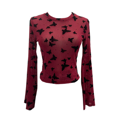 Sexy Butterfly Flocking Shiny Mesh Long Sleeve T shirt Large Bell Sleeve Short Slim Top