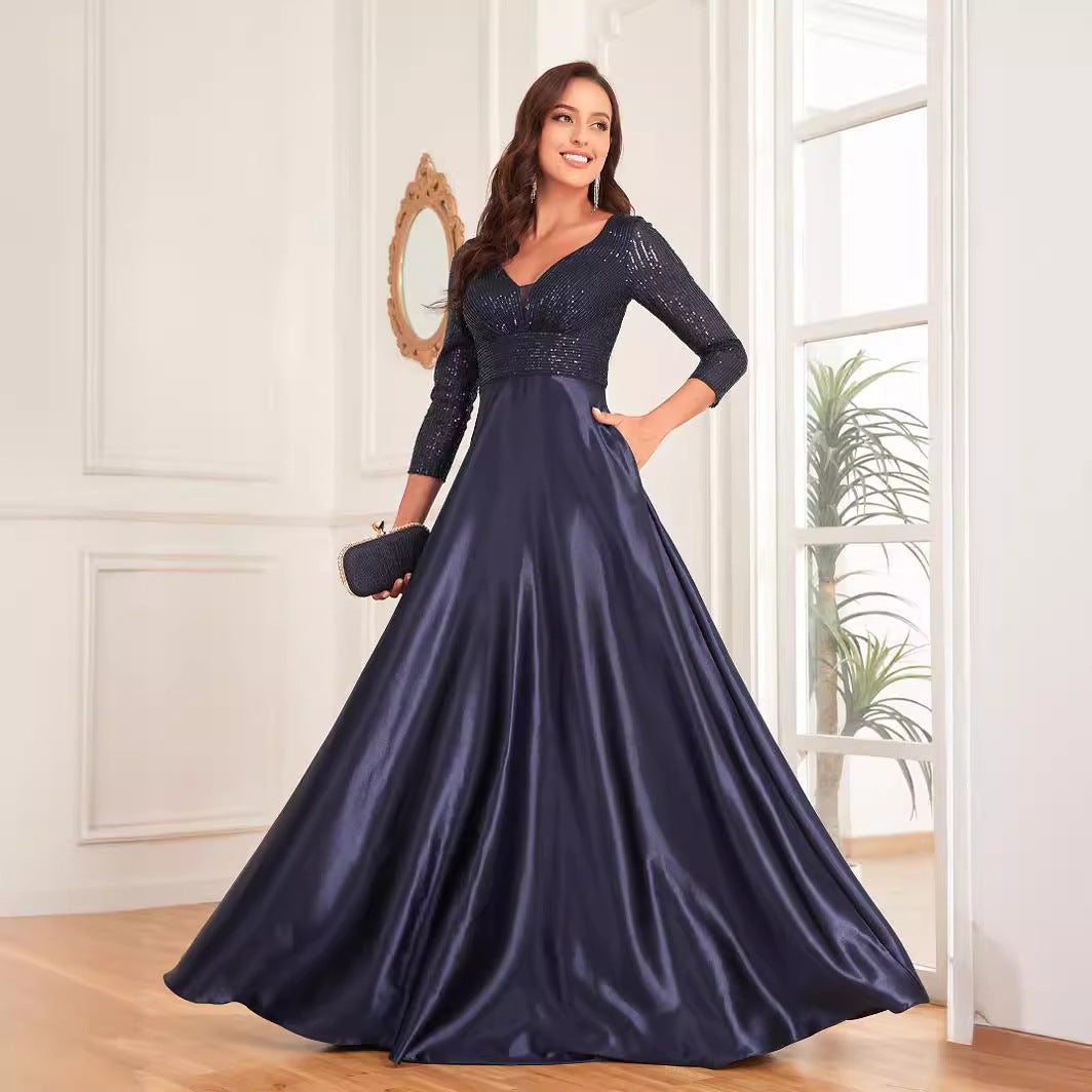 Blue Color Sequin V neck Long Sleeve Dress Satin Dress Slim Fit A line Dress Bridesmaid Cocktail Evening Dress
