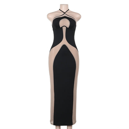 Fall Maxi Dress Elegant Halter Sling Slim Fit Hollow Out Cutout Sexy Dress