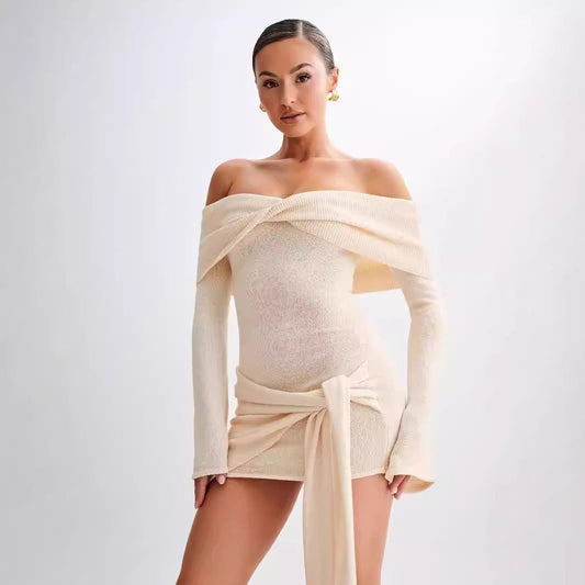 Sidony - Waist Knot Off-Shoulder Knitted Mini Dress