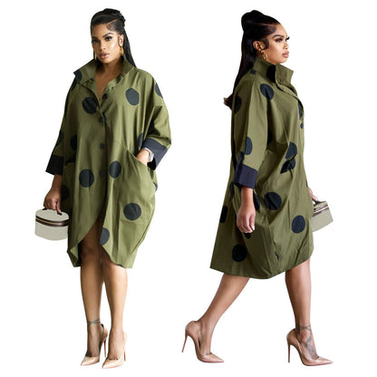 Women Clothing Supply Average Size Printed Nine Quarter Sleeve Shirt Dress Pocket Dress