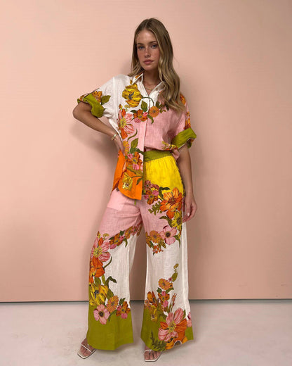 Printed Cotton Linen Two-Piece Suit Outfit Top Wide Leg Pants Amplified craft