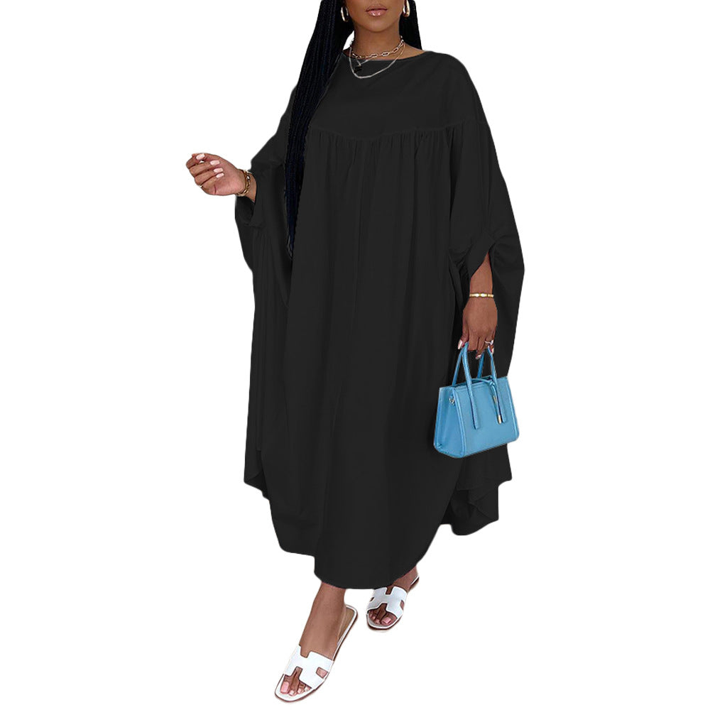 Women Clothing Autumn Winter Solid Color round Neck Loose Pleated Irregular Asymmetric Dress