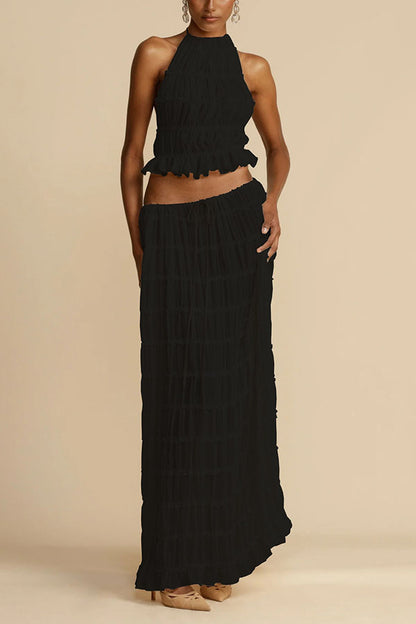 Versatile retro charm pleated drawstring waistline long skirt set