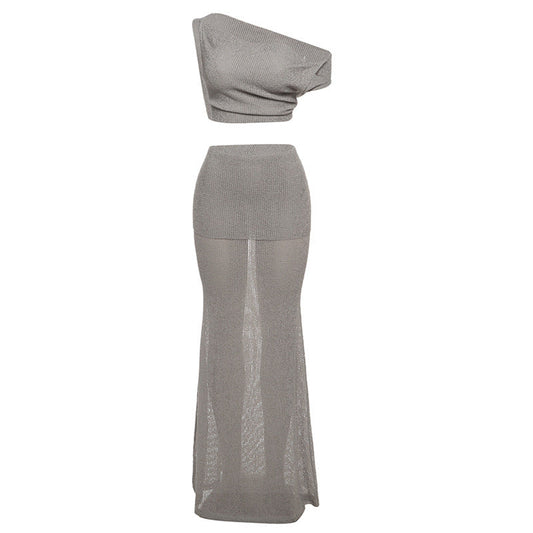 Spring Women Clothing Sexy Oblique Shoulder Backless Top Solid Color Slim Skirt Set Women