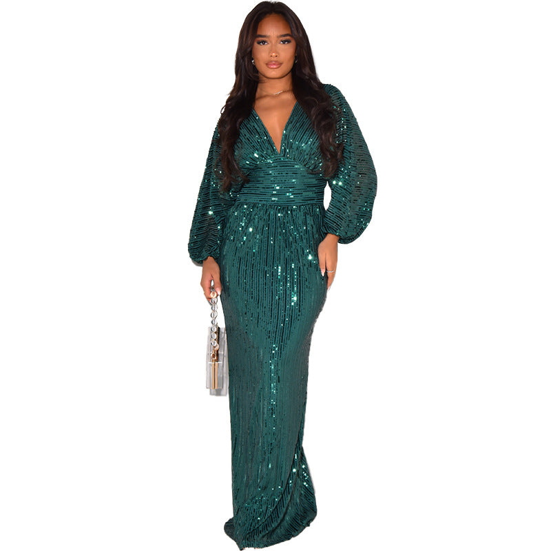 Women Dress Dress Sequined Long Sleeve V Neck Sexy Sequin Maxi Dress