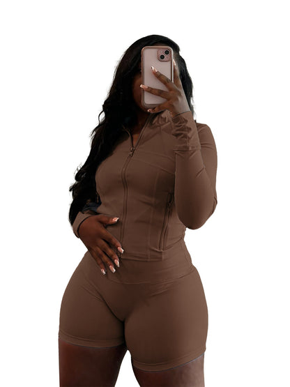 Spring Sports Casual Sexy Tight Long Sleeve Shorts Two Piece Set