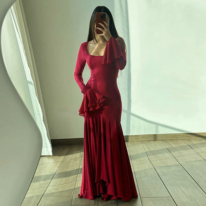 Autumn Socialite Elegant Sexy Slim Fit Ruffled Hem Long Sleeve Dress Women