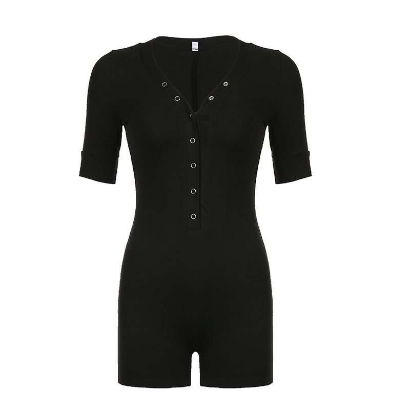 Street Casual Women Solid Color Basic Slim V neck Single Row Buckle Mid Sleeve Jumpsuit