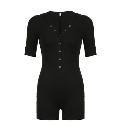 Street Casual Women Solid Color Basic Slim V neck Single Row Buckle Mid Sleeve Jumpsuit