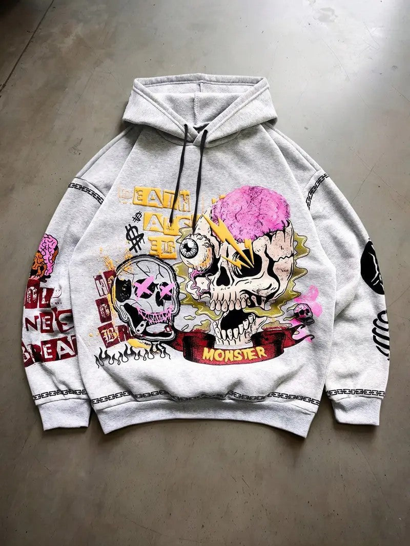 Gothic Skull Print Light Gray Hoodie