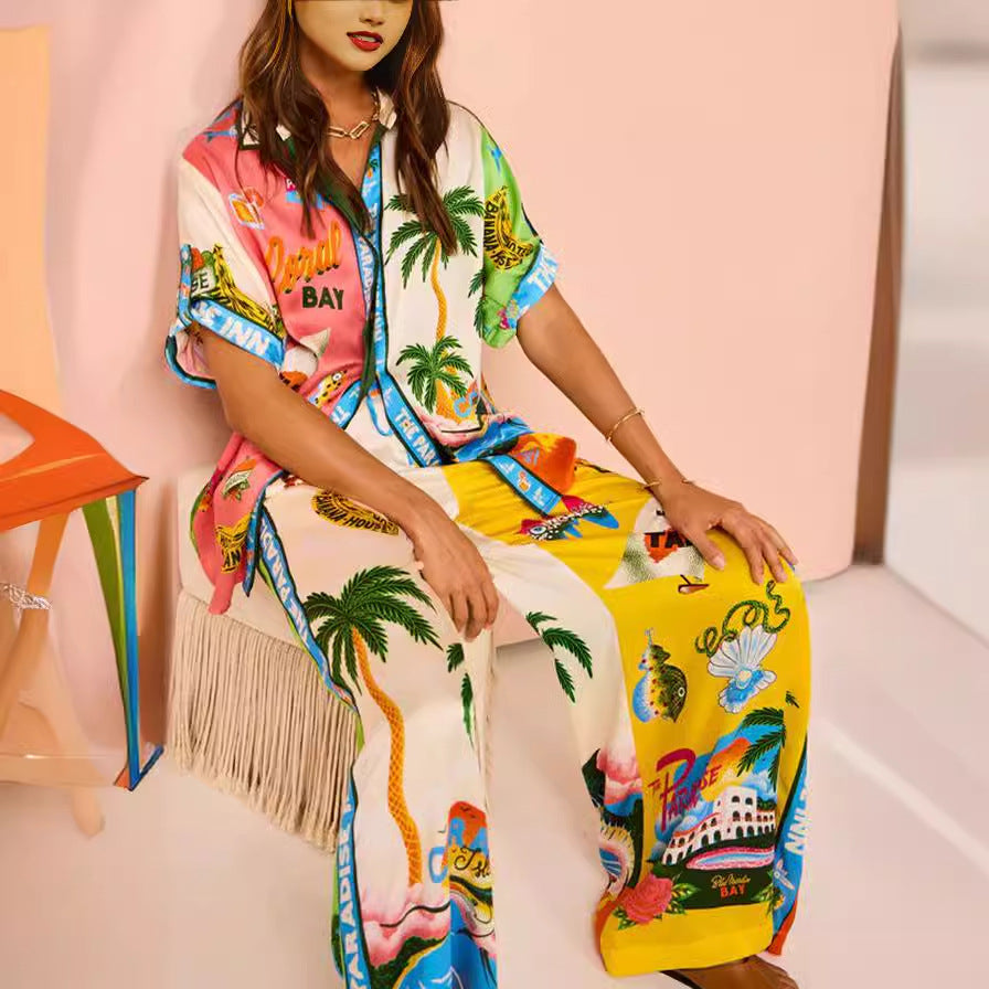 Graffiti Printing Satin Short Sleeve Collared Shirt Trousers Casual Two Piece Suit