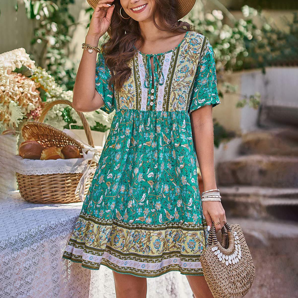 A line Dress Bohemian Rayon Positioning Floral Green Dress