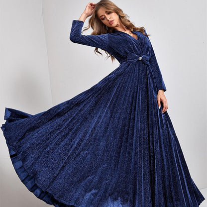 Evening Dress V neck Long Sleeve Big Hem Elegant Dance Dress Party Dress Bridesmaid Dress