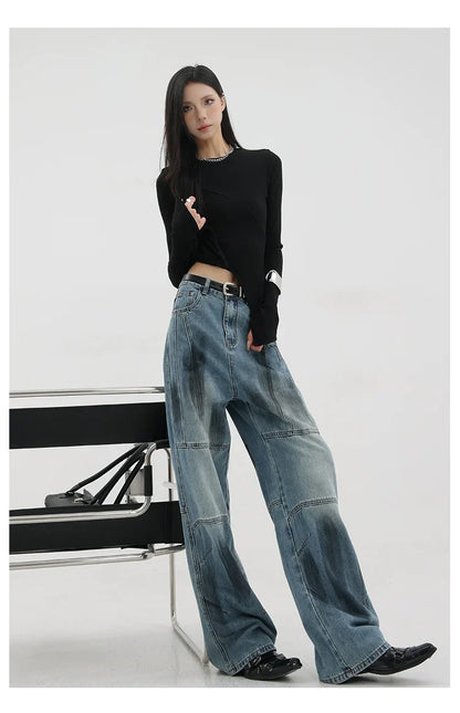 Vintage Distressed And Dirt-Dyed Patchwork Wide-Leg Jeans