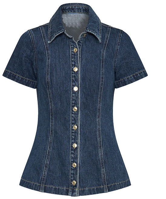 Women Denim Short Sleeve Button High Waist Skirt Sets