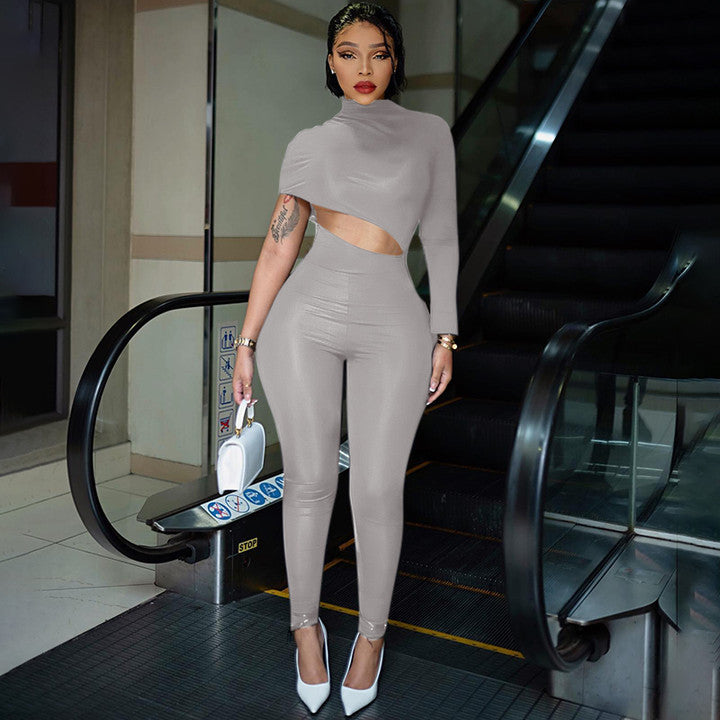 Women Clothing Autumn Winter Street Tight Fitting Solid Color Irregular Asymmetric Cropped Exposed Jumpsuit Trousers