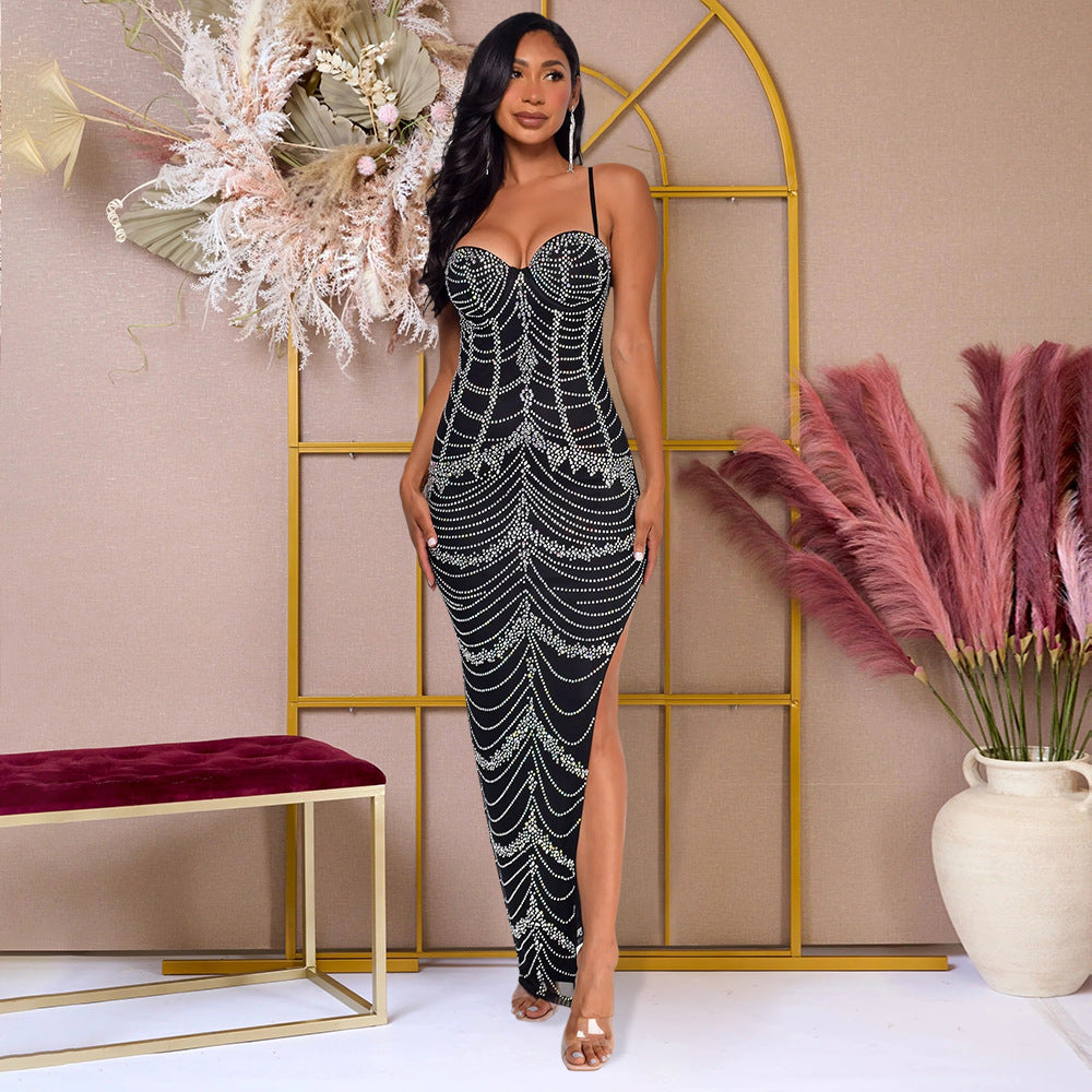 Women Wear Rhinestone Slim Fit Sexy Sheath Split Dress Women