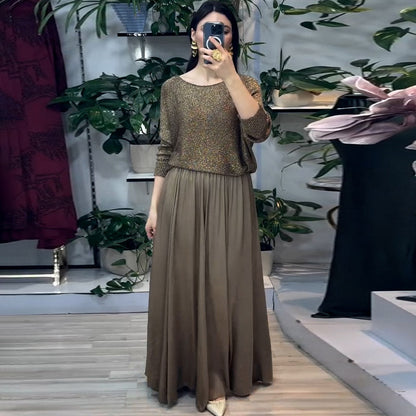 Spring Golden Long Sleeve Top Skirt Two Piece Set Women Clothing Skirts Set