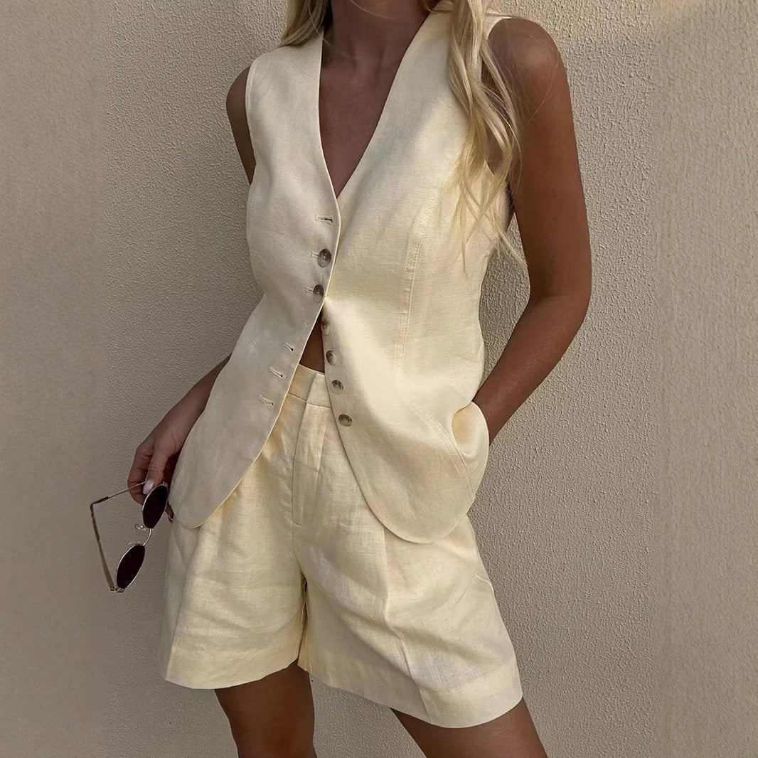 Cotton Linen Vest Shorts Set Summer Office Vest Shorts Set Casual Women