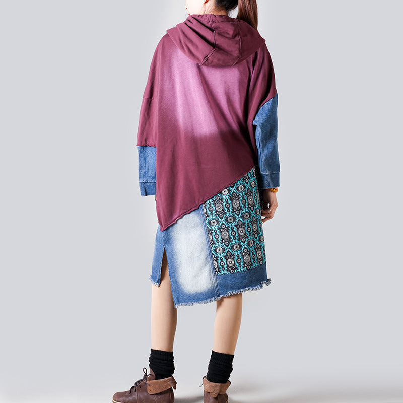 Patchwork Hooded Sweater Mid Length Women Retro Slimming Printed Casual Pullover