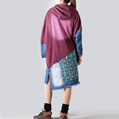 Patchwork Hooded Sweater Mid Length Women Retro Slimming Printed Casual Pullover