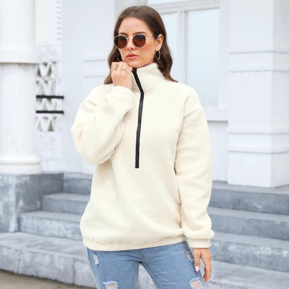 Women Plush Casual Top Half Zipper Pullover Long Sleeve Sweatshirt Sweatshirt