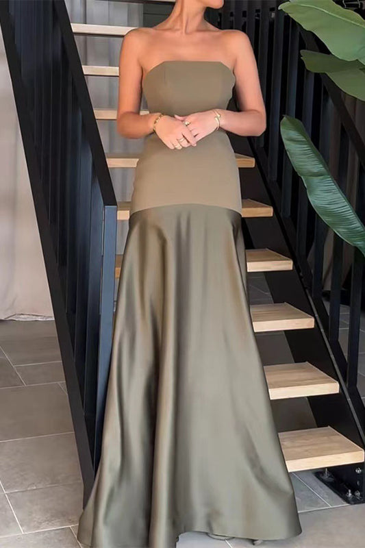 Timeless Elegance Satin Patchwork Strapless Flare Gown Maxi Dress