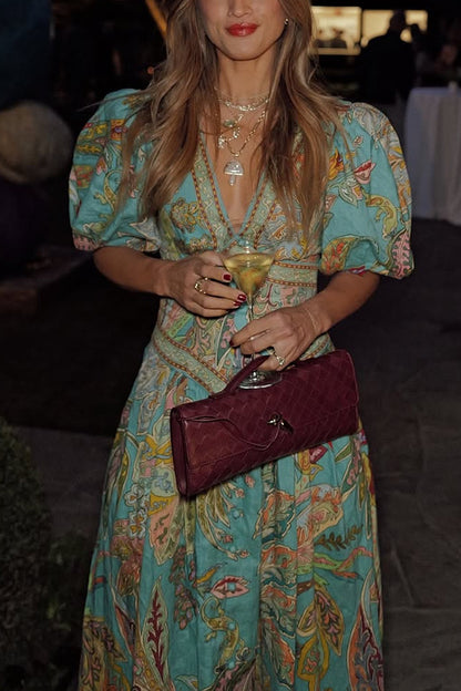 Chic Vacation Linen Blend Unique Print Button Puff Sleeve Pocket Maxi Dress