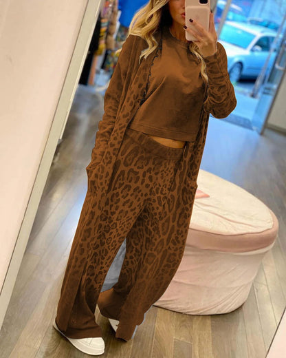 Spring Leopard Print Long Sleeve Cardigan Trousers Suit Two Piece Set for Women