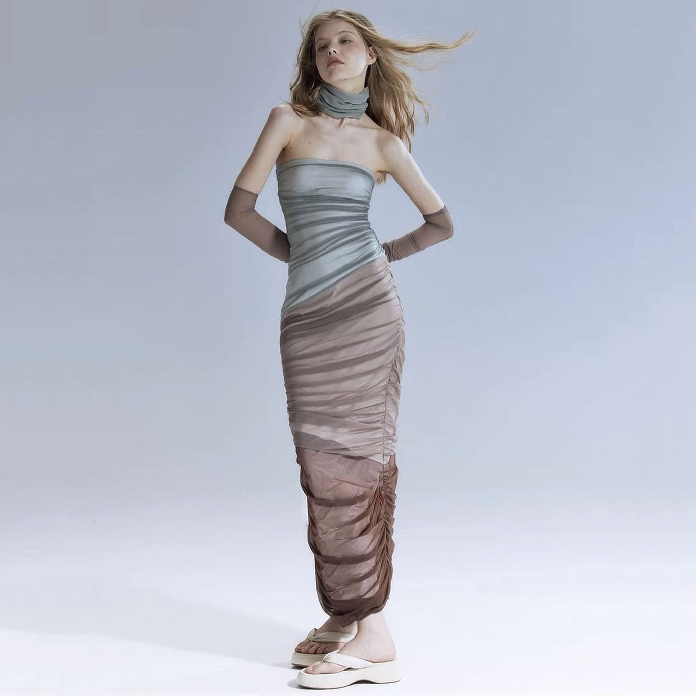 Design Contrast Color Oversleeve Collar Chest Wrapped Dress Summer Thin Sexy See through off the Shoulder Pleated Sexy Hip