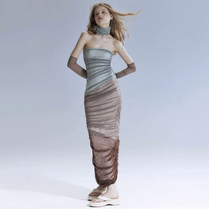 Design Contrast Color Oversleeve Collar Chest Wrapped Dress Summer Thin Sexy See through off the Shoulder Pleated Sexy Hip