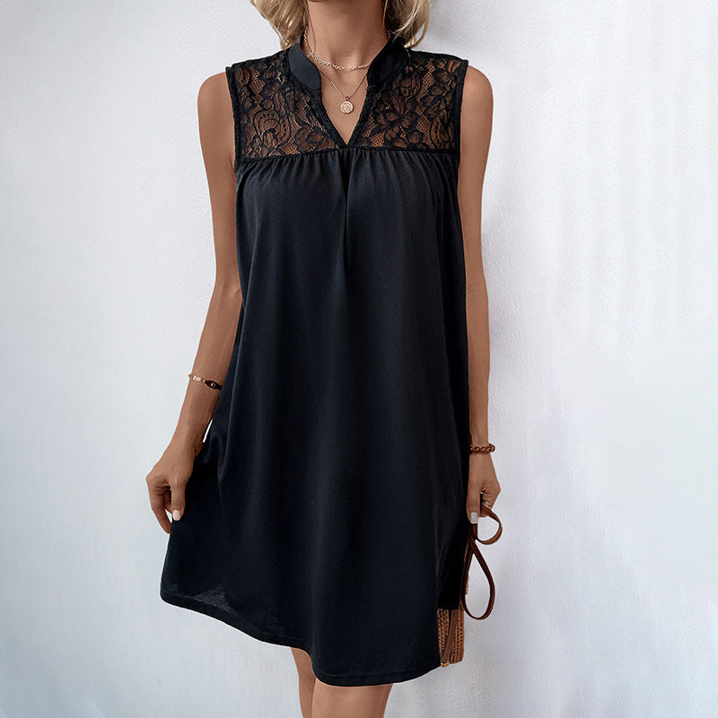 Women Summer Sleeveless Loose Solid Color Lace Stitching Dress